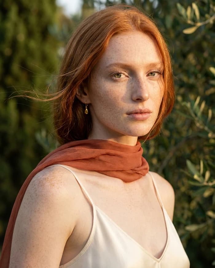 Maren — beauty close-up with terracotta scarf.