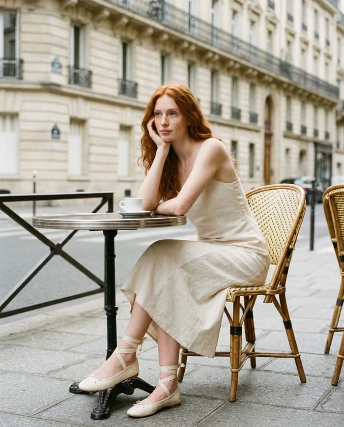Maren — cream slip dress at a Paris café.