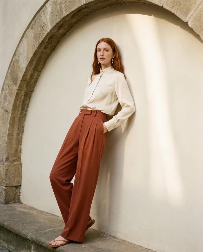 Maren — terracotta pants framed by a stone arch.