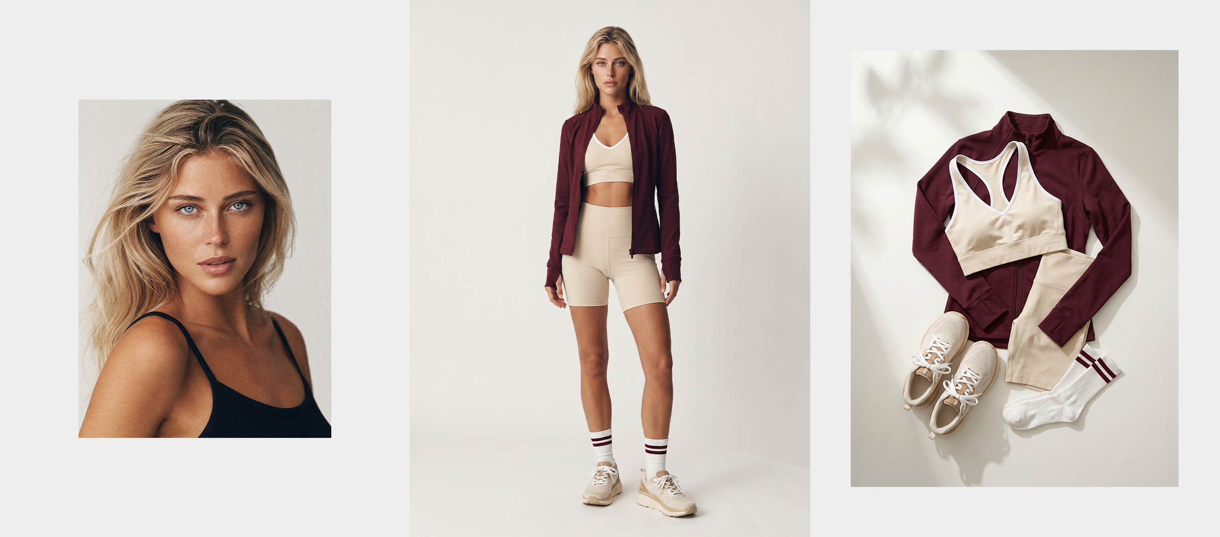 Sloane — burgundy athletic jacket, studio.