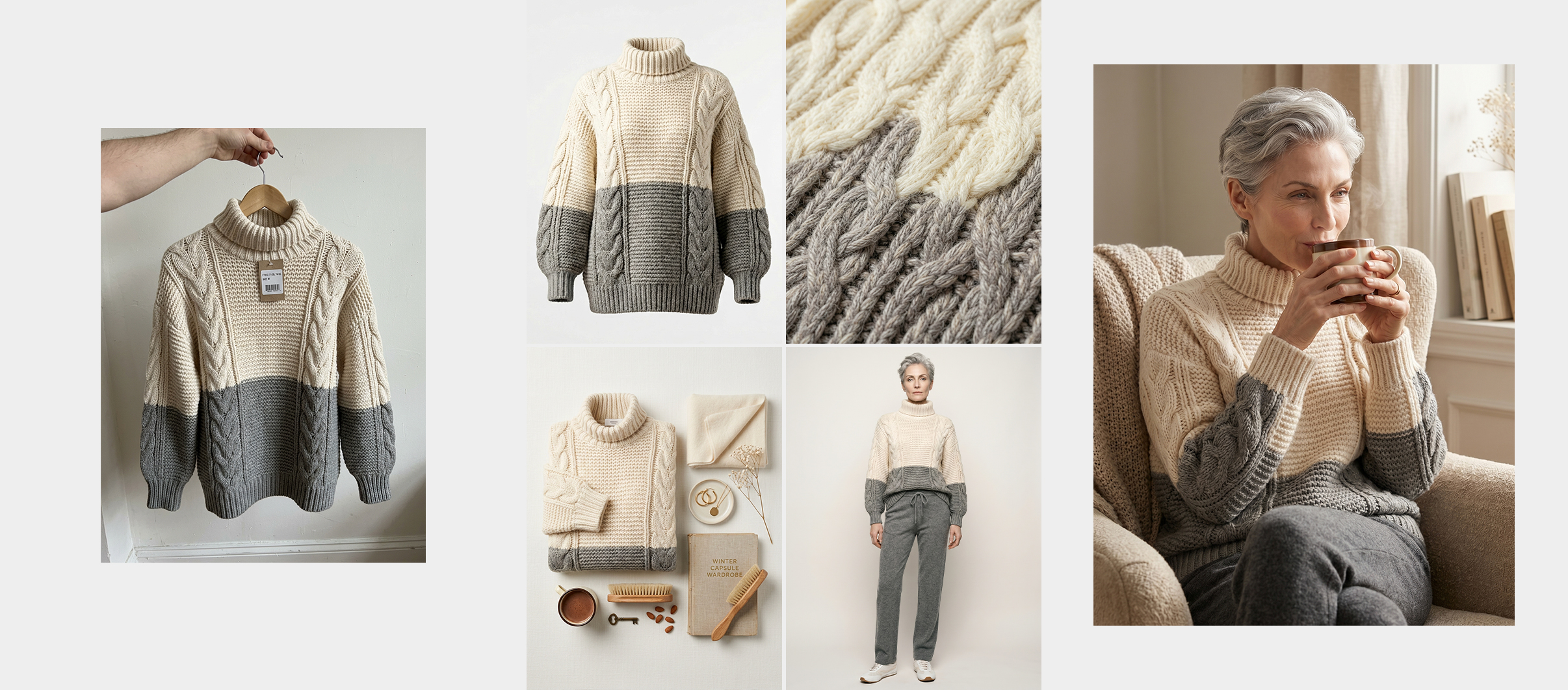 Renza — cream and grey colorblock cable-knit sweater.
